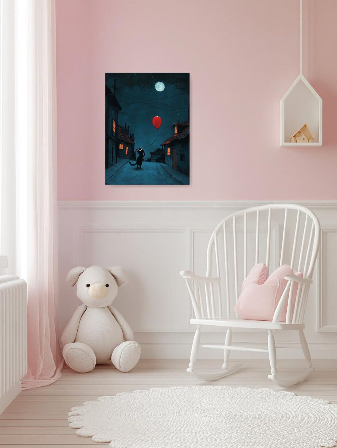 Whimsical Black Cat With Red Balloon Moonlit Night Street Art Poster - Image 3