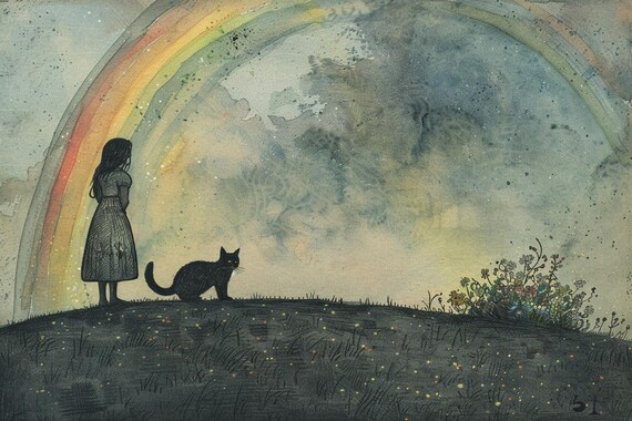 Girl And Black Cat Beneath Rainbow Moody Watercolor Silhouette Poster