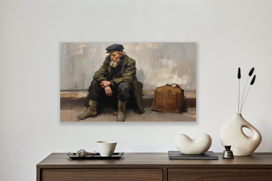 Somber Social Realist Painting Elderly Homeless Man Cap Satchel Poster - Image 2