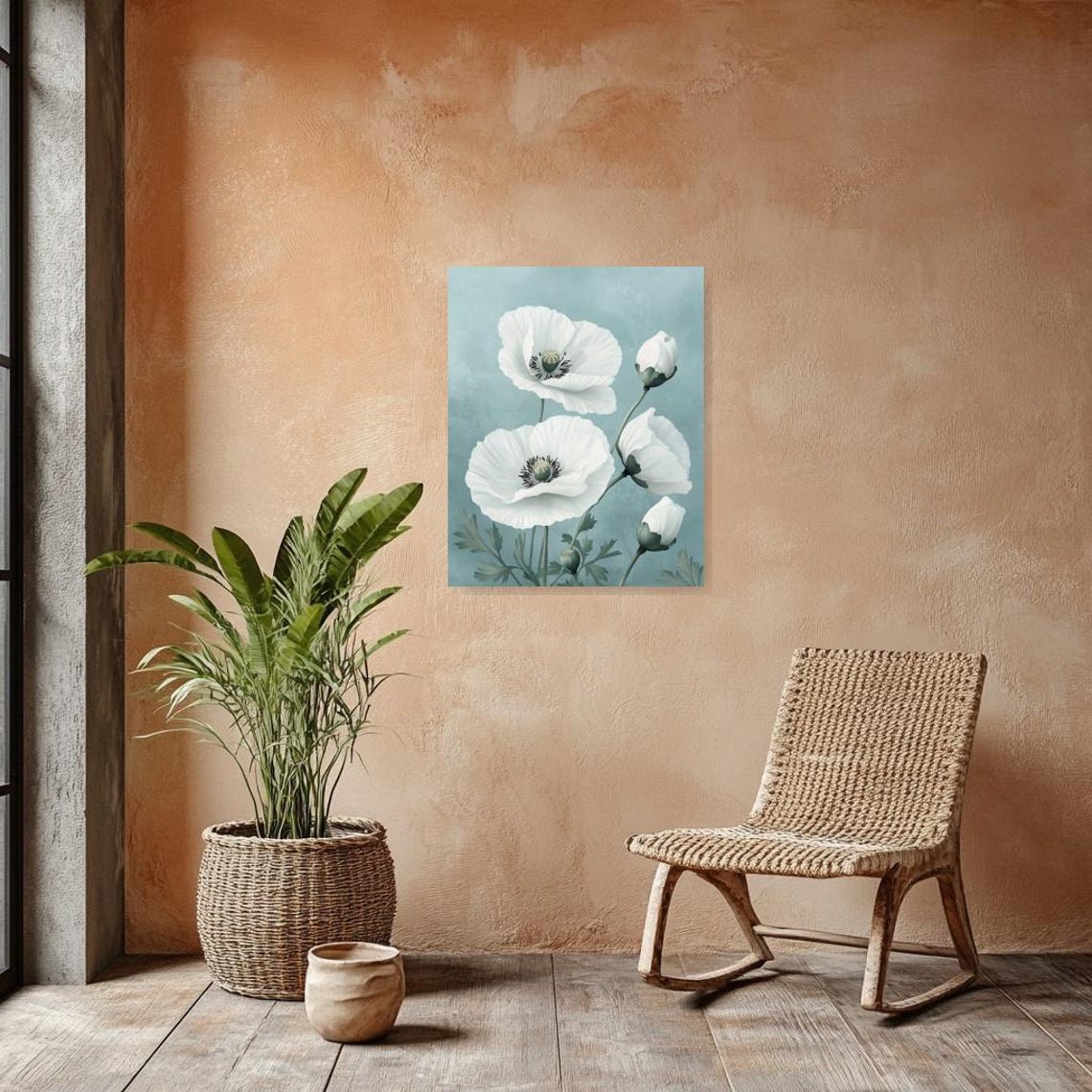 Serene Elegant White Poppies Soft Blue Floral Botanical Poster - Image 2