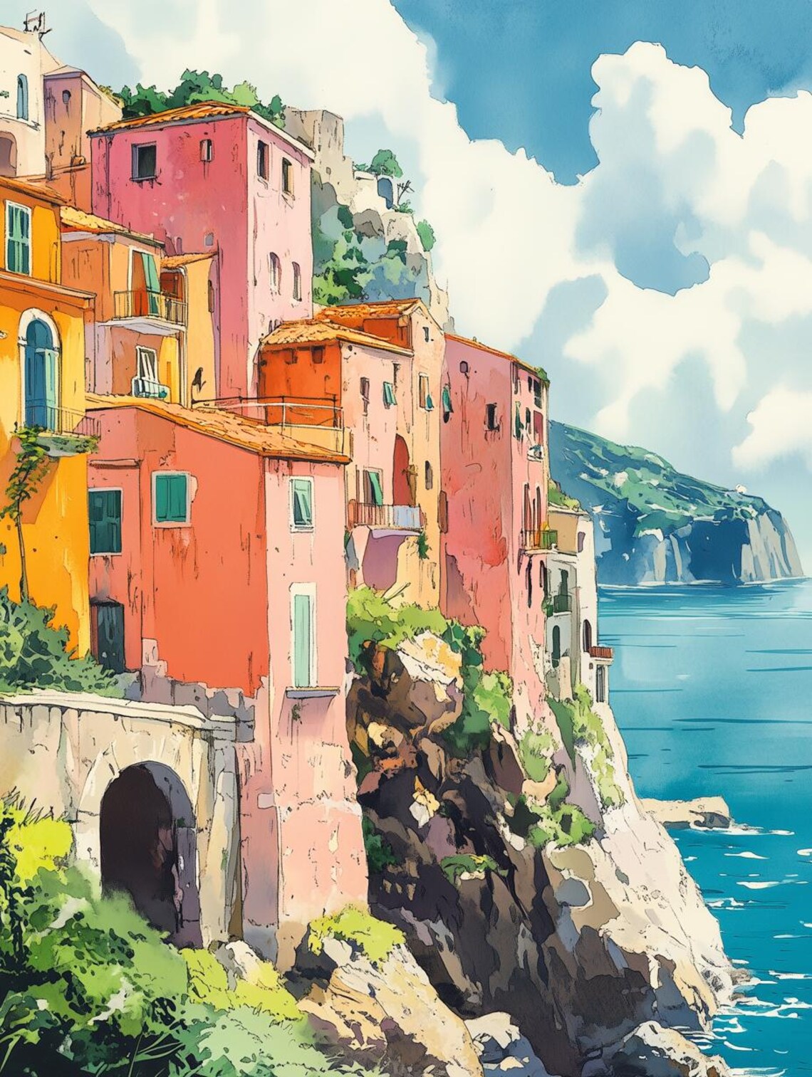 Colorful Cliffside Coastal Village Turquoise Sea Watercolor Poster