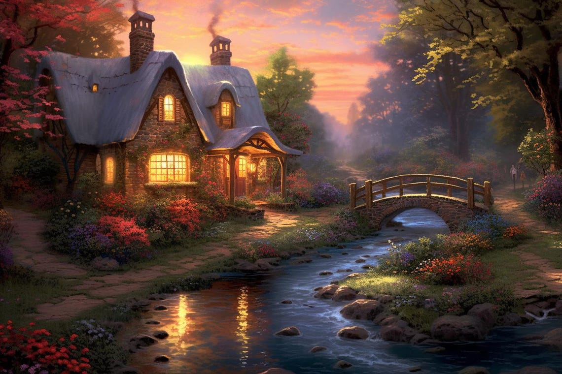Storybook Stone Cottage Sunset Stream Wooden Bridge Garden Poster