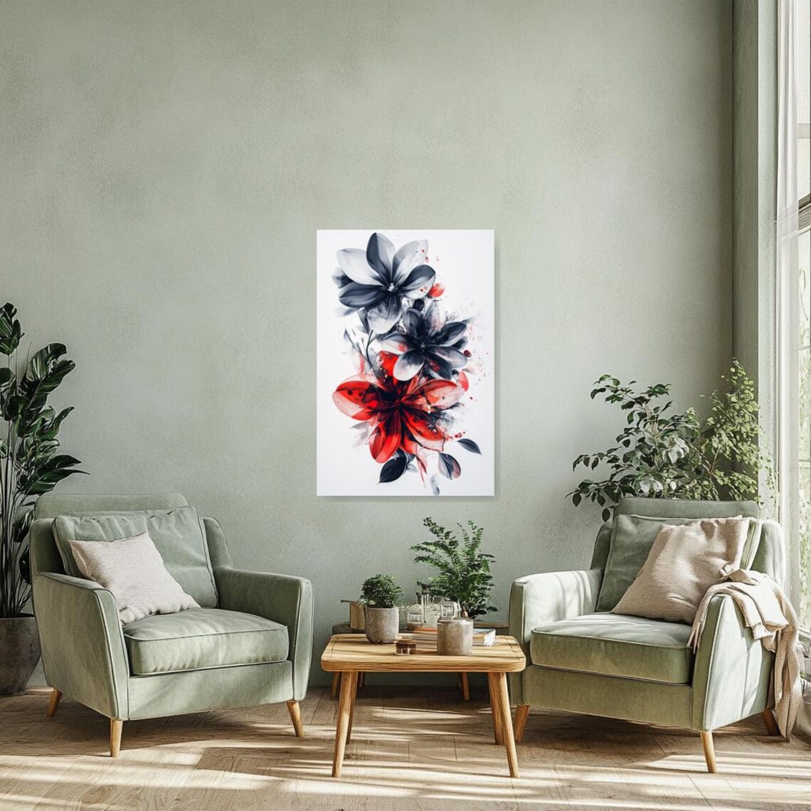 Black and Red Abstract Watercolor Floral Blooms Modern Art Poster - Image 5