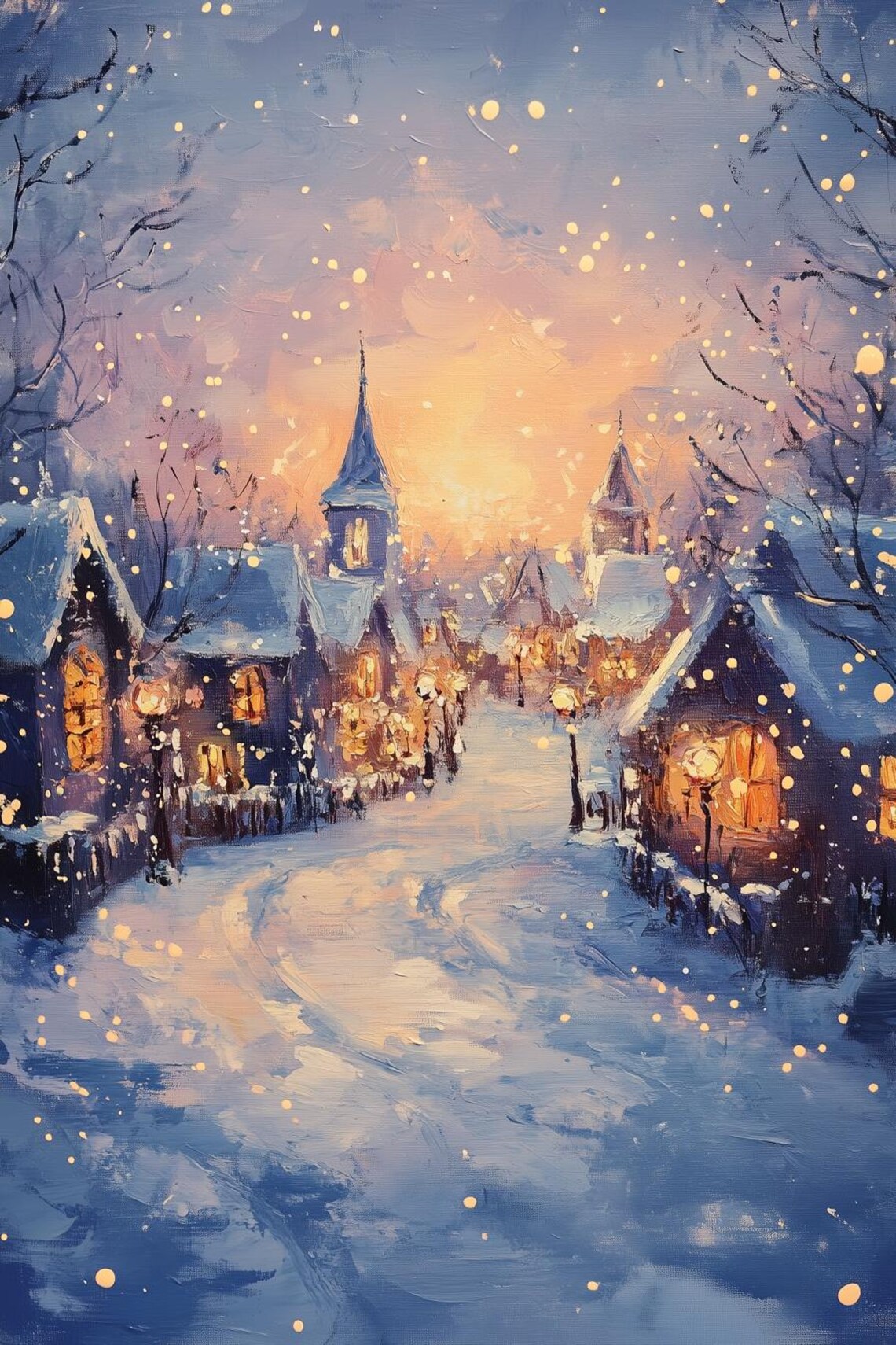 Snowy Village at Dusk with a Glowing Church Spire and Lamps Poster