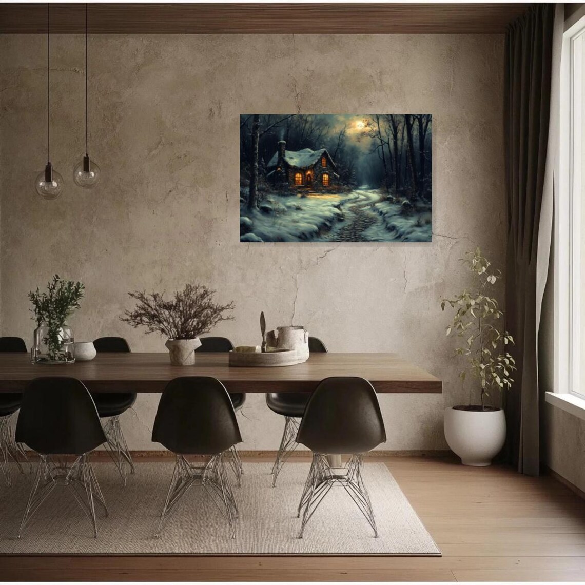 Enchanting Snow-Covered Cabin Glowing in the Woods at Night Poster - Image 2