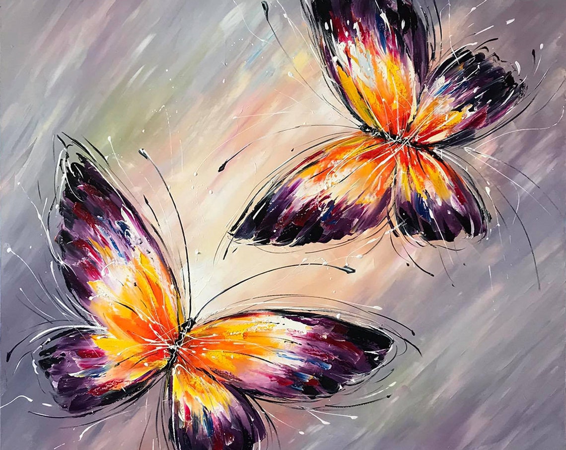 Two Purple Orange Butterflies Abstract Gray Background Wall Art Poster - Image 3