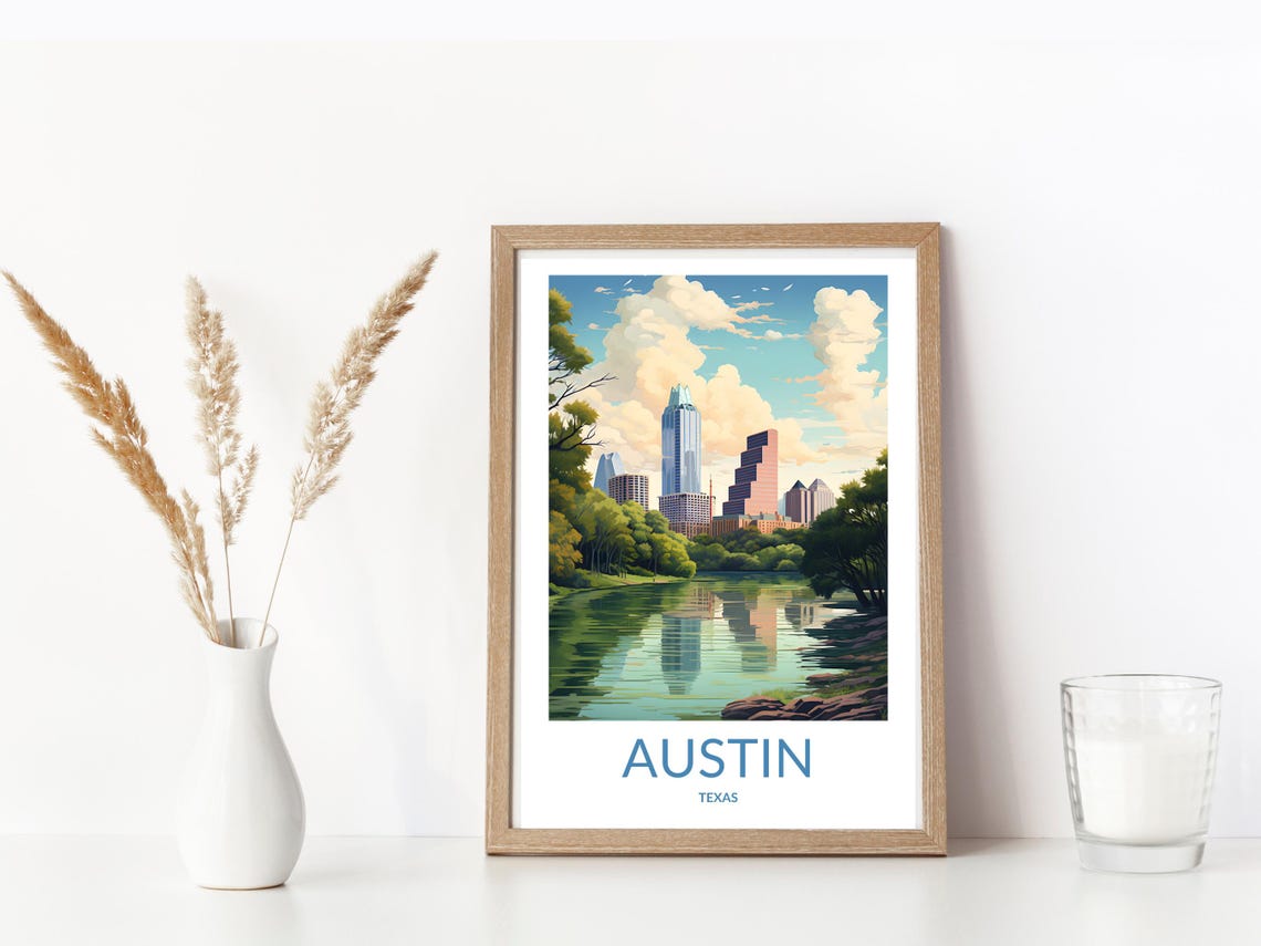Austin Texas City Skyline River Reflection Vintage Travel Poster - Image 3