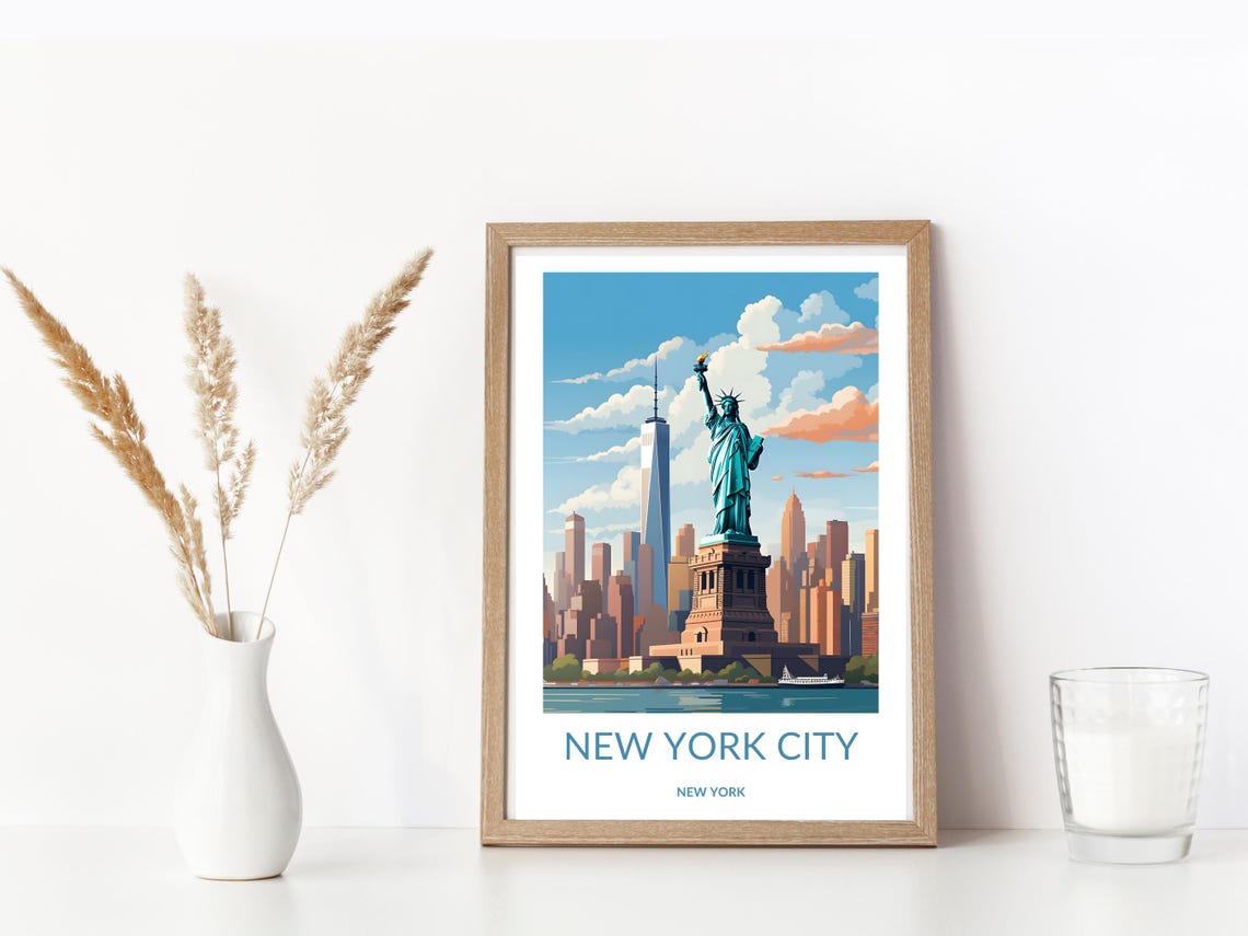 Statue Of Liberty And New York City Skyline Poster Iconic Nyc Landmark Wall Art New York City Travel Poster - Image 3