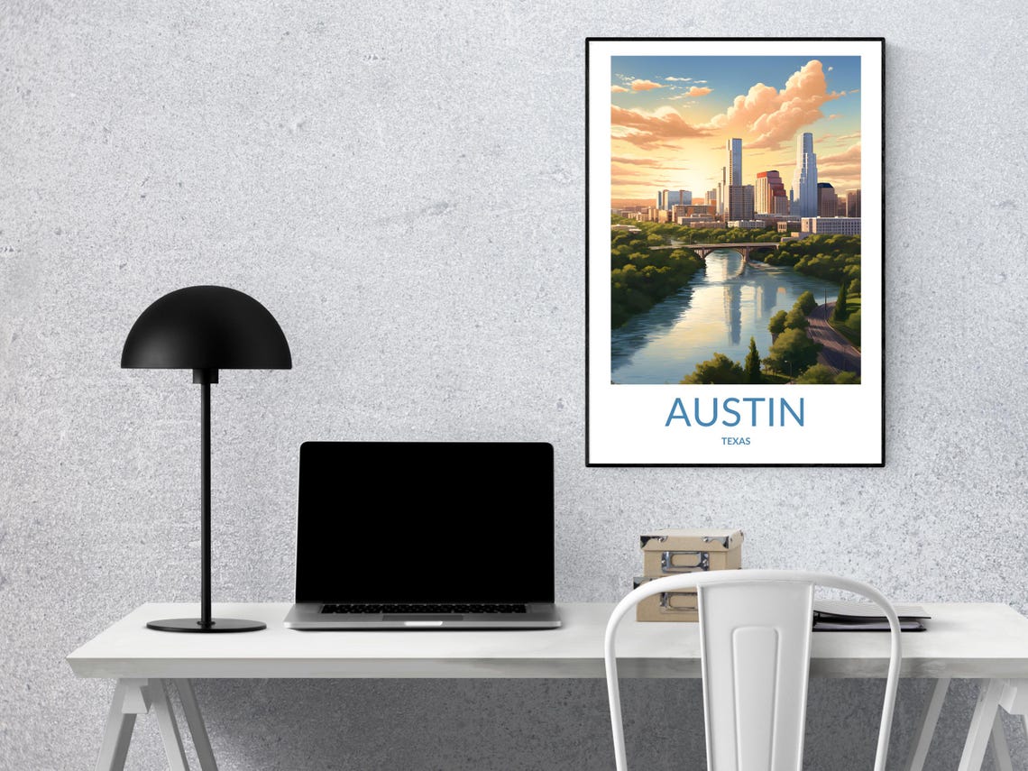 Austin Texas Sunset Skyline River Bridge Travel Vintage Poster - Image 2