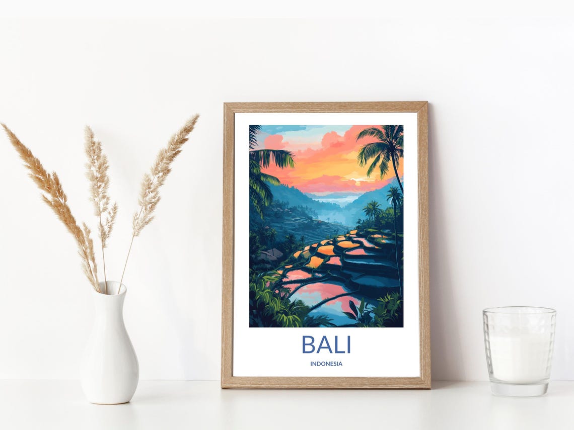 Bali Indonesia Tropical Rice Terrace Sunset Palm Trees Travel Poster - Image 3