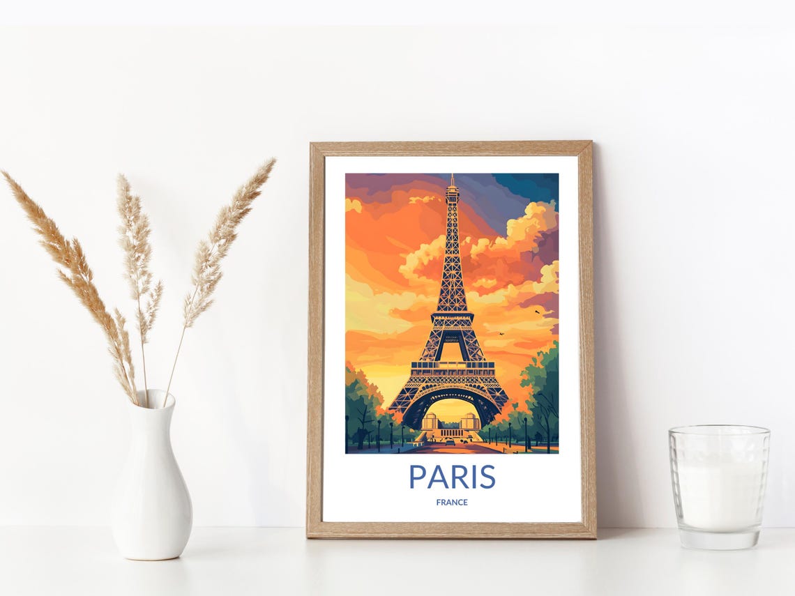 Paris France Eiffel Tower Sunset Orange Clouds Vintage Travel Poster - Image 3