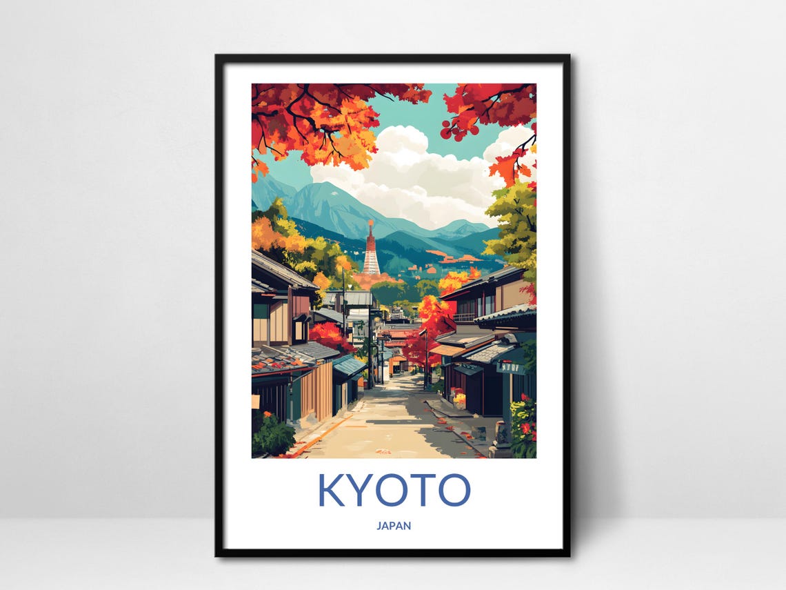 Kyoto Autumn Street Poster Japan Travel Wall Art Japanese Fall Scene Kyoto Heritage Art Southeast Asia Decor Modern Travel Art