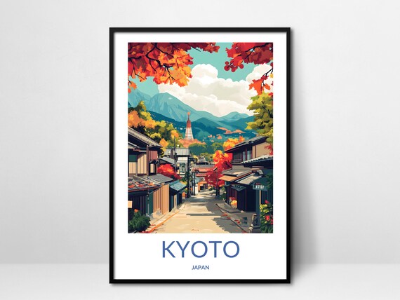 Kyoto Japan Autumn Street Hilltop Pagoda Mountain View Travel Poster