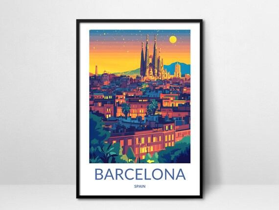 Barcelona Spain Sagrada Familia City Night Skyline Travel Poster
