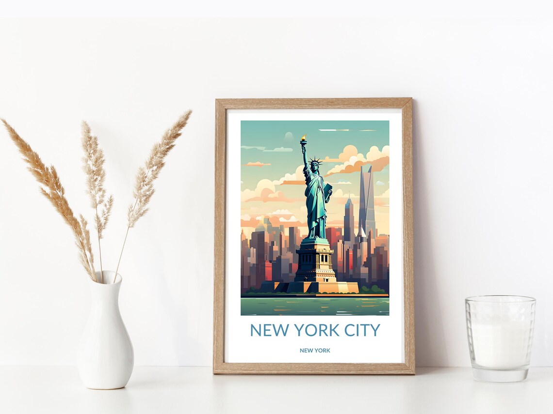 New York City Statue Of Liberty Skyline Harbor Travel Poster - Image 3