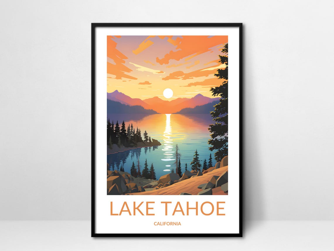 Lake Tahoe Sunset Mountain Lake Pine Trees California Travel Poster