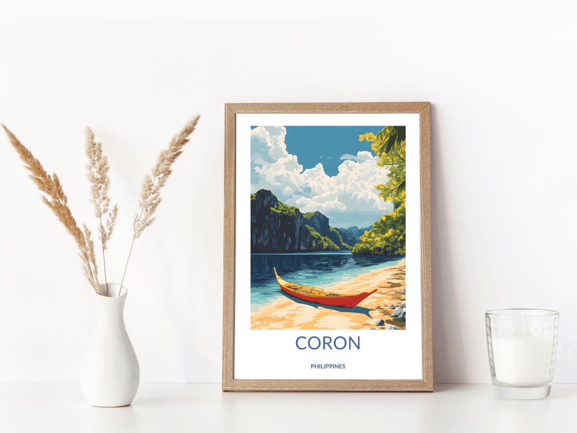 Coron Palawan Philippines Beach Boat Cliffs Tropical Travel Poster - Image 3