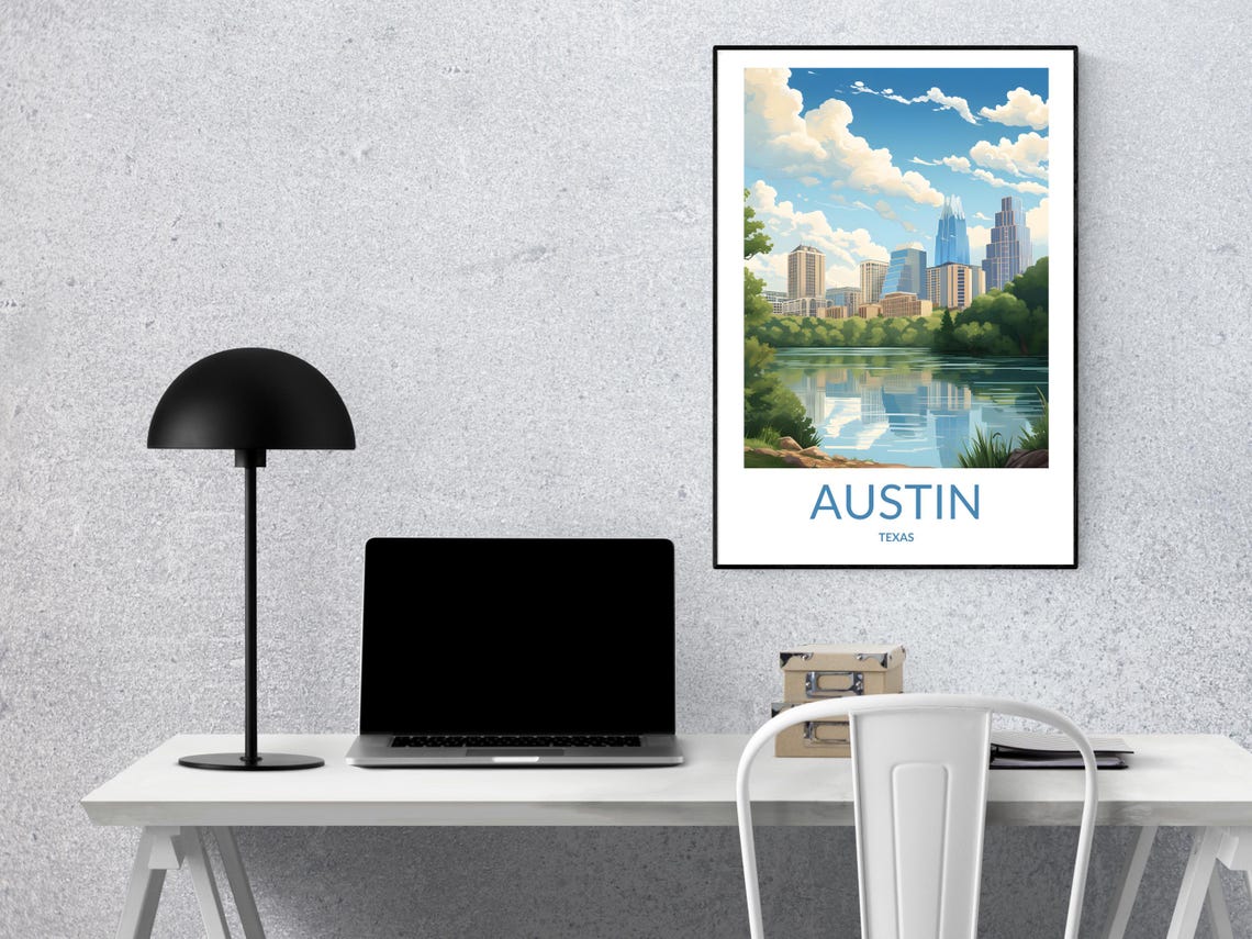 Austin Texas Downtown Skyline Lake Reflection Art Travel Poster - Image 2