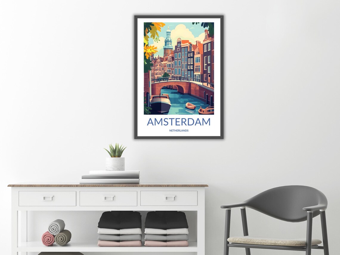 Amsterdam Brick Bridge Canal Boats Church Tower Holland Art Poster - Image 2