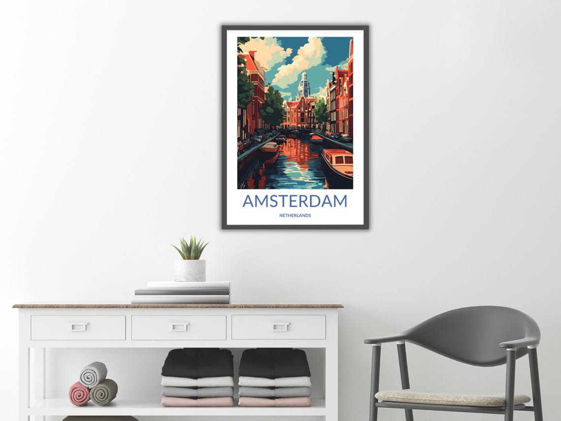Amsterdam Canal Reflection Boats Old Houses Netherlands Art Poster - Image 2