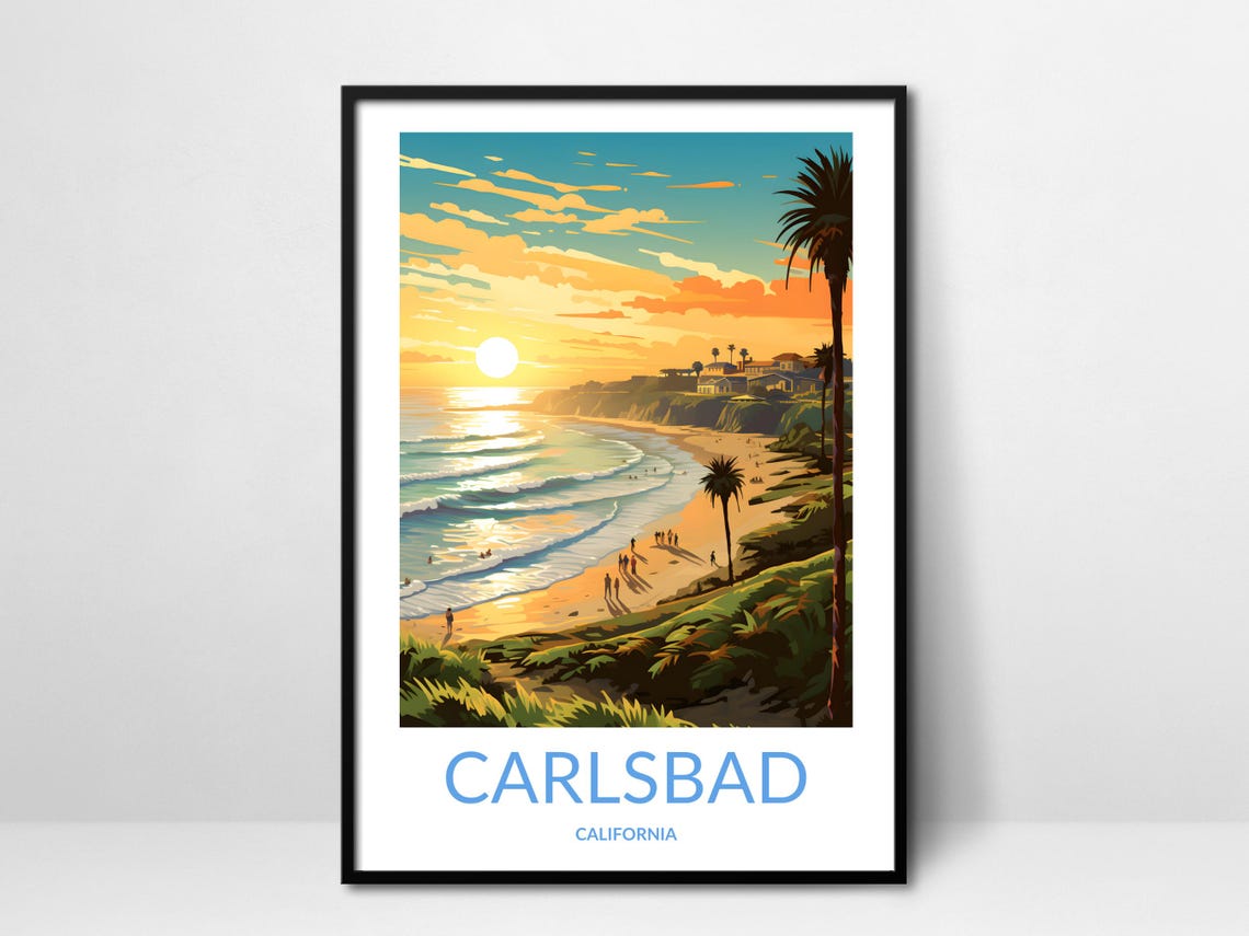 Carlsbad California Golden Sunset Beach Cliffs Vintage Poster