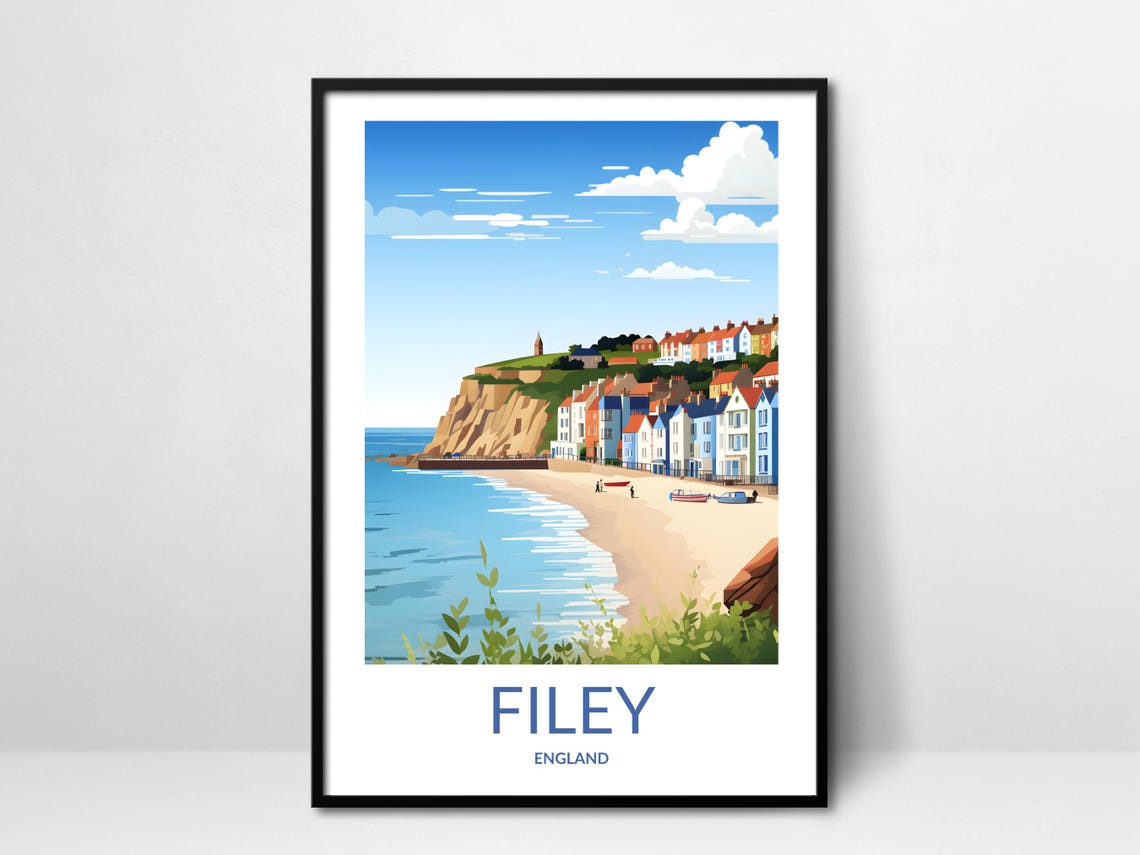 Filey England Beach Cliffs Colorful Seaside Town Coastal Poster