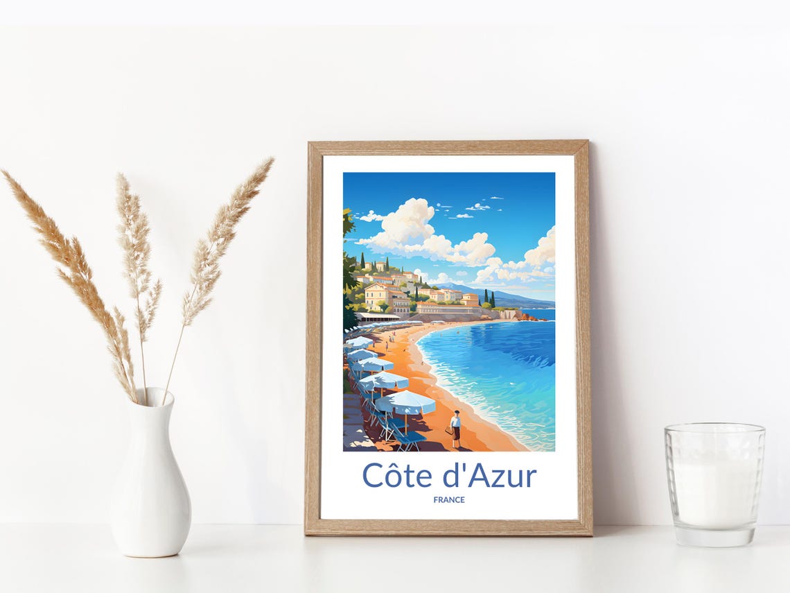 French Riviera Beach Umbrellas Mediterranean Sunny Coast Poster - Image 3