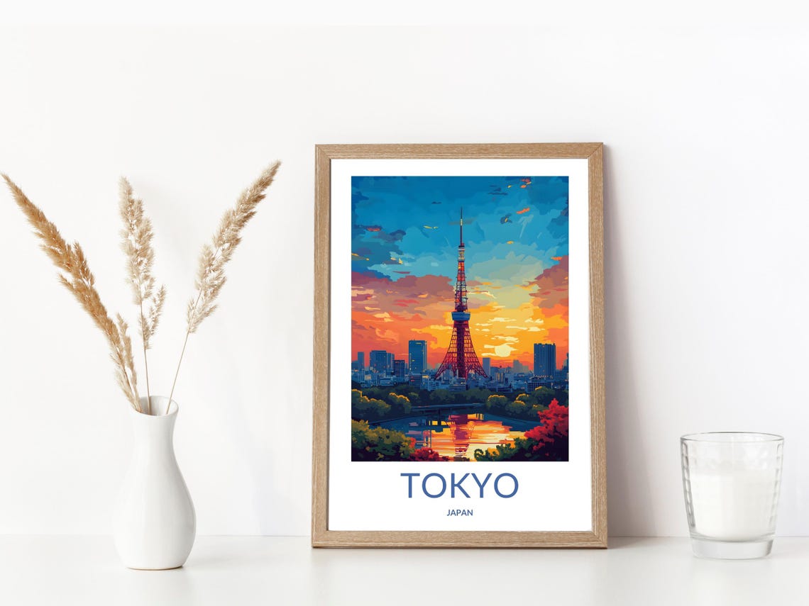 Tokyo Tower Japan Sunset Skyline Autumn Leaves Vintage Travel Poster - Image 3