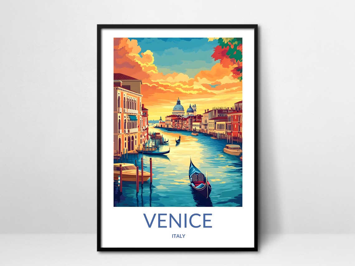 Venice Italy Grand Canal Sunset Gondolas Vintage Travel Poster