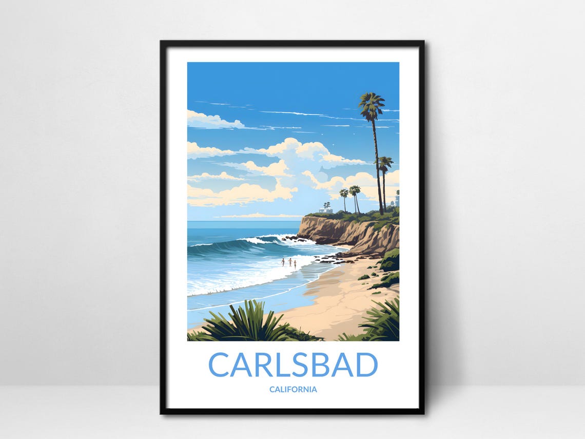 Carlsbad California Blue Ocean Cliffs Palms Vintage Summer Poster