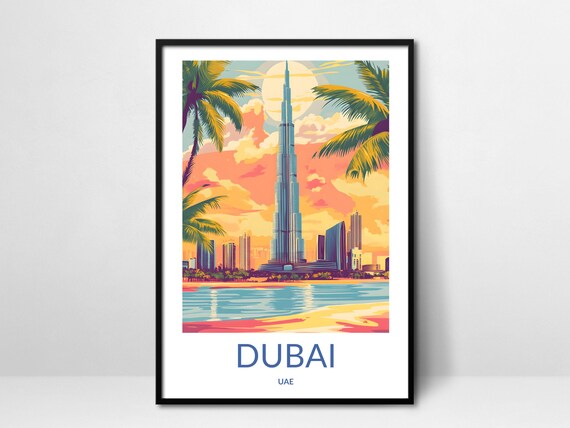 Dubai Sunset Skyline Burj Khalifa Waterfront Palms UAE Travel Poster