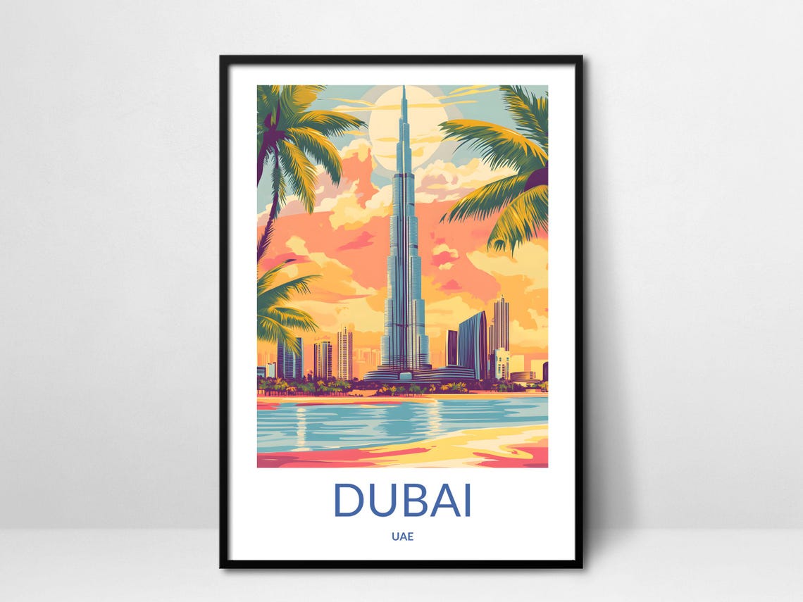 Dubai Sunset Skyline Burj Khalifa Waterfront Palms UAE Travel Poster