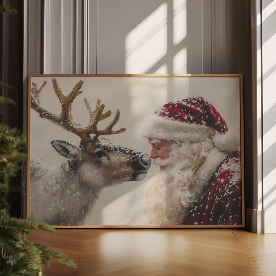 Santa And Reindeer Vintage Christmas Art Print