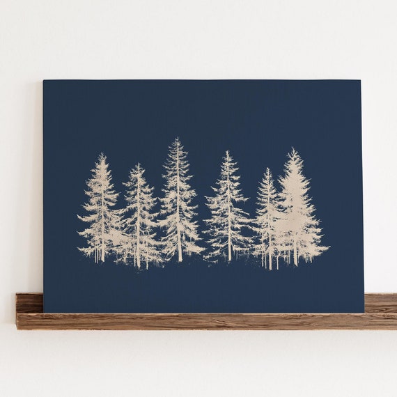 Modern Forest Wall Art Navy Evergreen Tree Silhouette Minimalist Nature Decor Rustic Cabin Winter Print