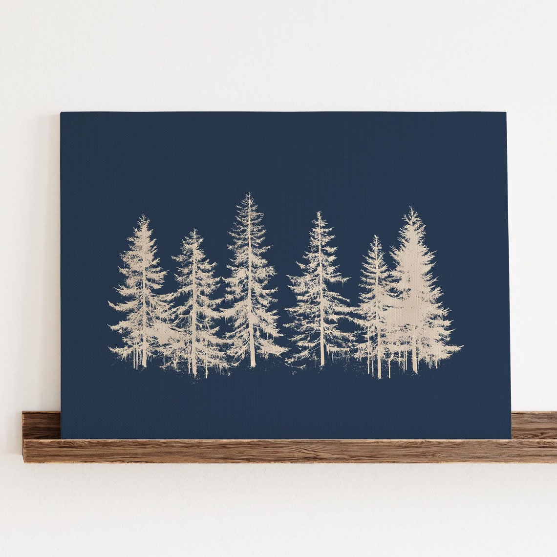White Pine Forest Silhouette on Navy Blue Winter Cabin Wall Art
