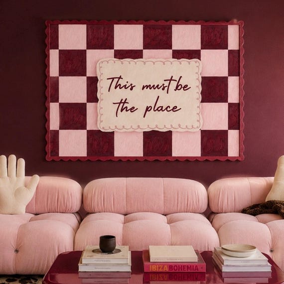 This Must Be The Place Pink Trendy Quote Print Horizontal Above Bed Wall Art Hand Drawn Retro Checkered Typography Oil Painting Poster