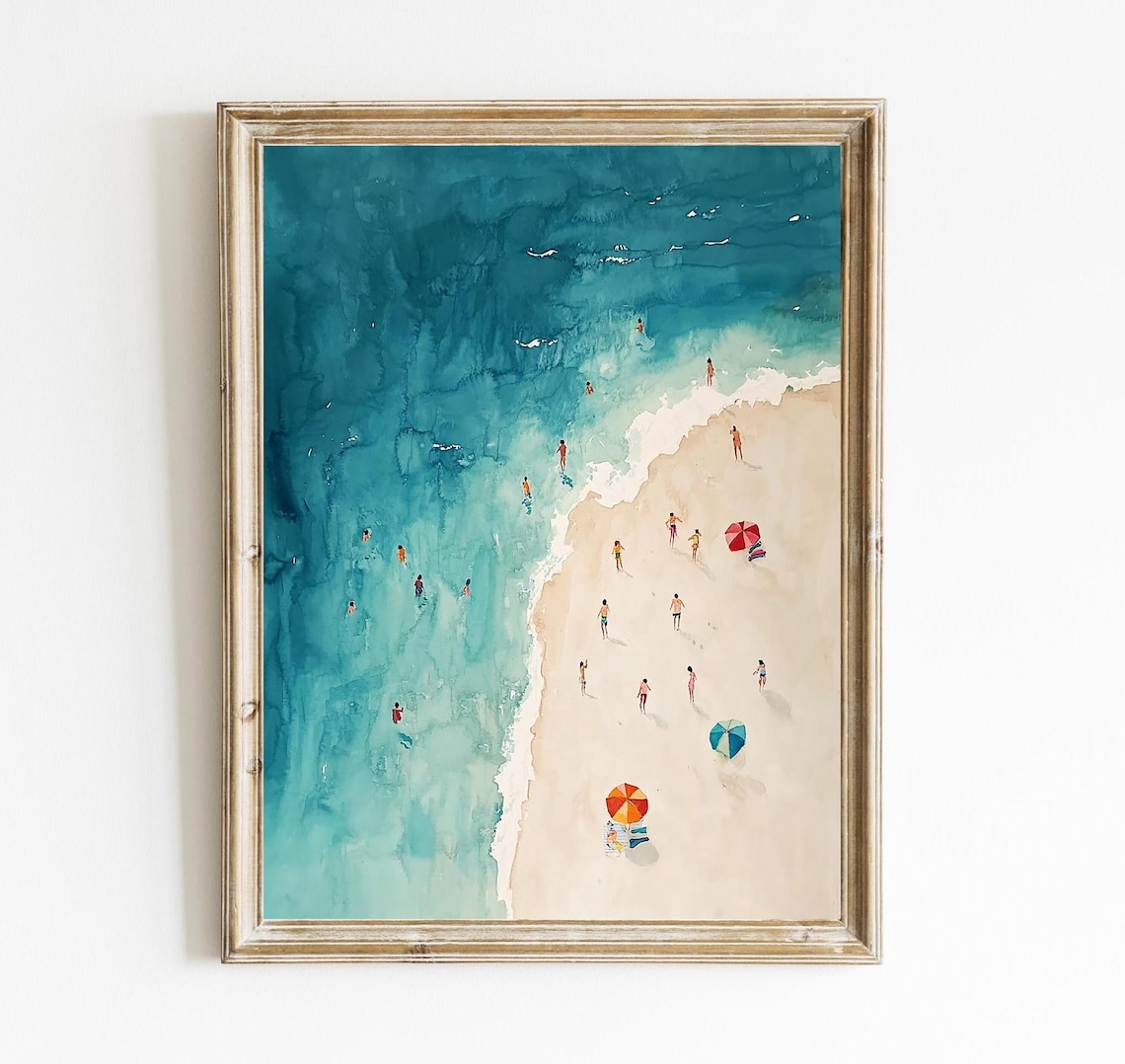 Aerial Beach Swimmers and Umbrellas Turquoise Watercolor Wall Art