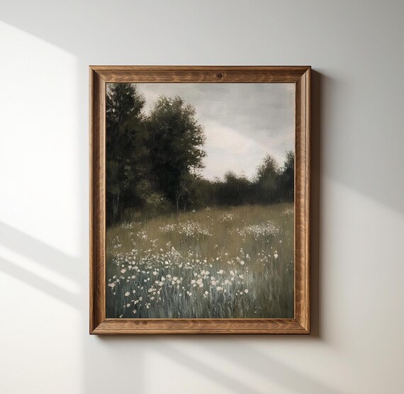 Vintage Meadow In Summer Rustic Floral Farmhouse Print Country Cottage Decor Green Wall Art Forest Nursery Muted E166