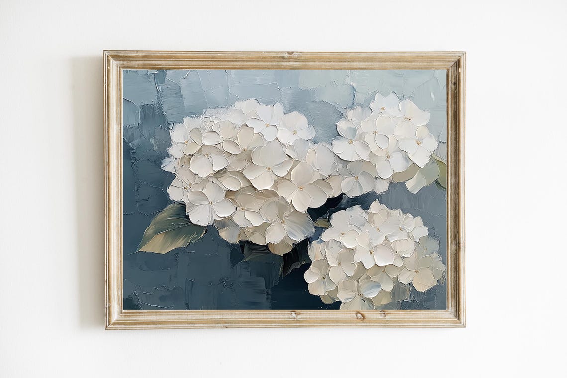 White Hydrangeas Impasto Oil Painting Floral Botanical Wall Art