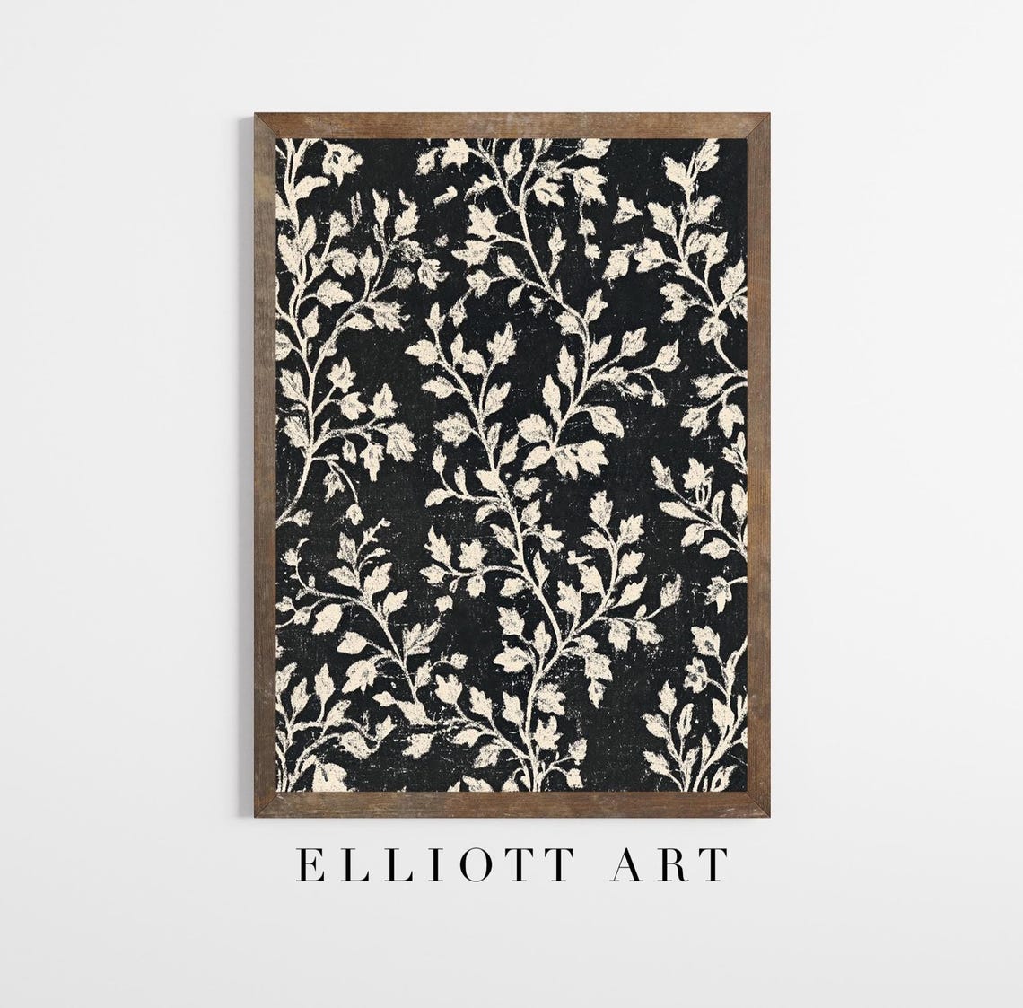 Black Vine Leaf Pattern Cream Foliage Vintage Botanical Art Print