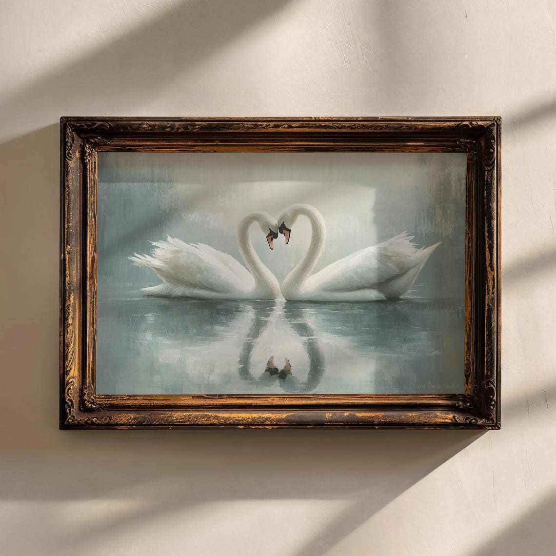 Two White Swans Heart Shape Romantic Lake Vintage Painting Poster