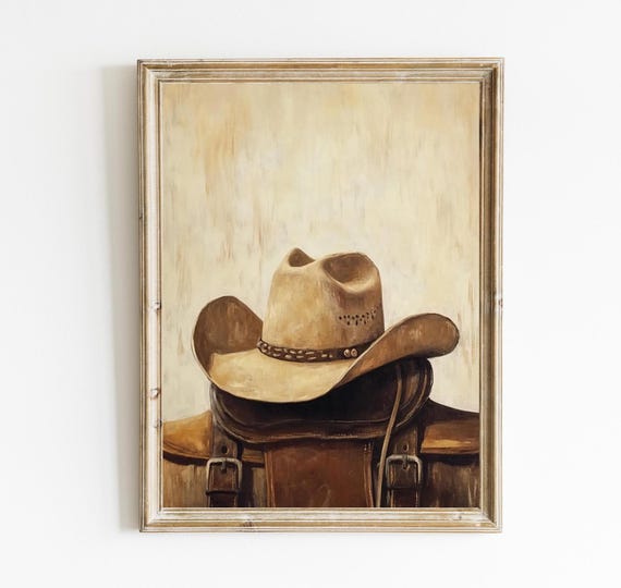 Cowboy Hat Print Rustic Farmhouse Still Life Warm Tone Wall Art Modern Country E411