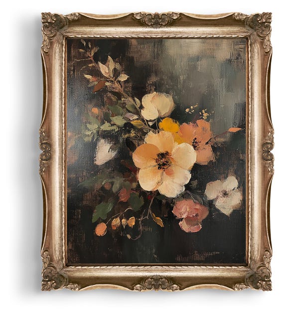 Fall Botanical Vintage Still Life Dark Floral Painting Moody Wall Art E985