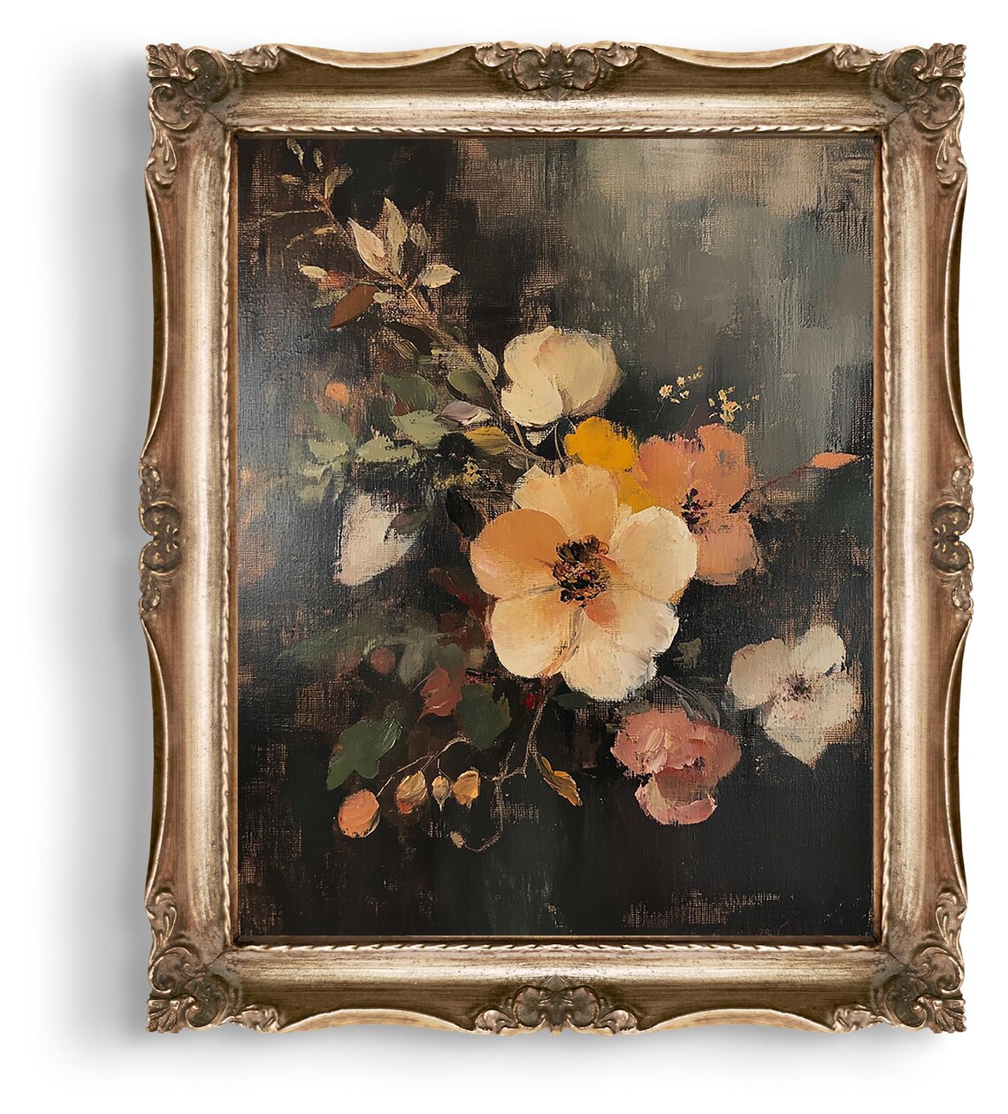 Moody Dark Floral Vintage Still Life Cream Rose Painting Art Poster