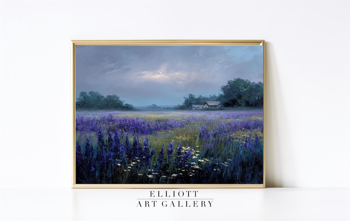 Lavender Fields at Dusk Countryside Vintage Oil Painting Print