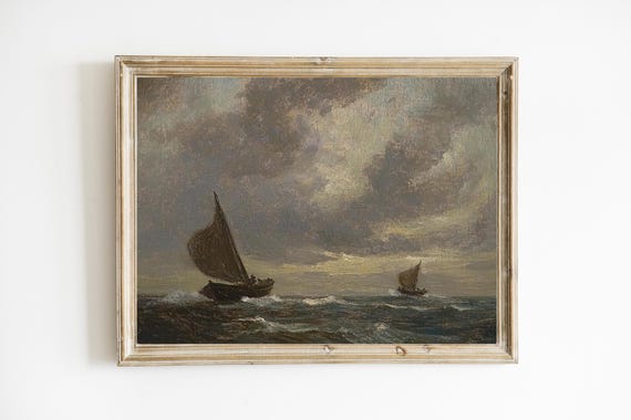 Vintage Seascape Moody Ocean Oil Painting Dark Boat Wall Decor E675