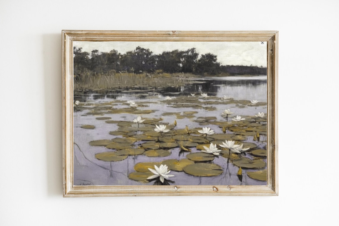 Vintage White Water Lilies Pond Antique Lake Scenery Painting Poster
