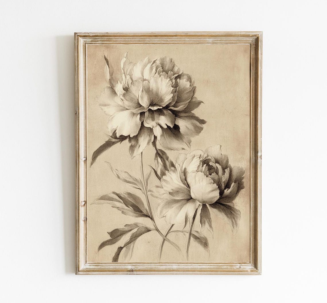Soft Sepia Two Peonies Vintage Botanical Floral Decor Wall Print