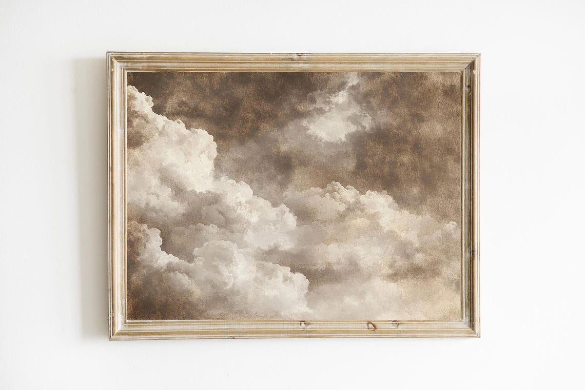 Stormy Sepia Sky Billowing Clouds Moody Vintage Painting Wall Art