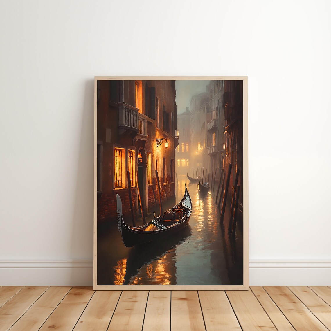 Misty Venice Night Gondola Canal Warm Lamps Vintage Art Print